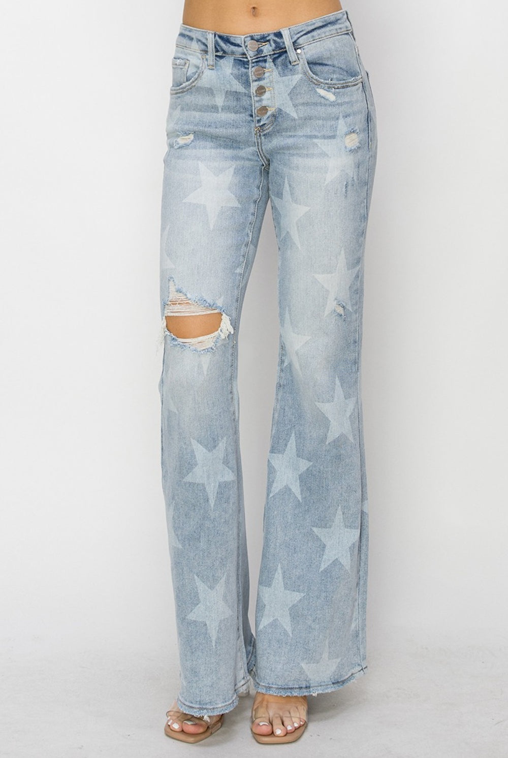 RISEN Mid Rise Button Fly Start Print Flare Jeans - GemThreads Boutique RISEN Mid Rise Button Fly Start Print Flare Jeans