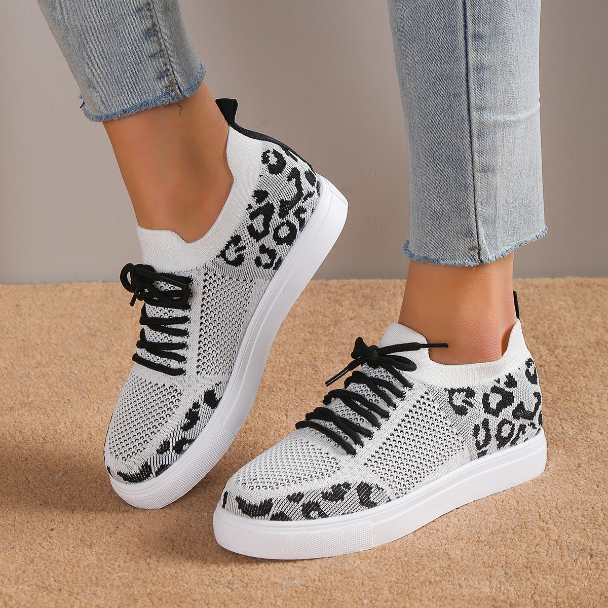 Lace-Up Leopard Flat Sneakers - GemThreads Boutique Lace-Up Leopard Flat Sneakers