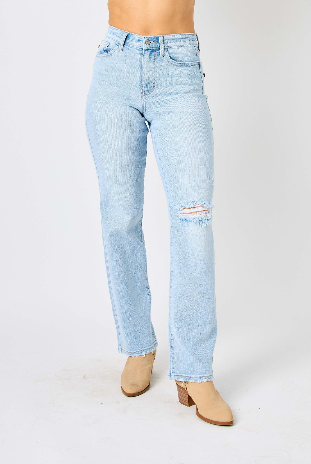 Judy Blue Full Size High Waist Distressed Straight Jeans - GemThreads Boutique Judy Blue Full Size High Waist Distressed Straight Jeans
