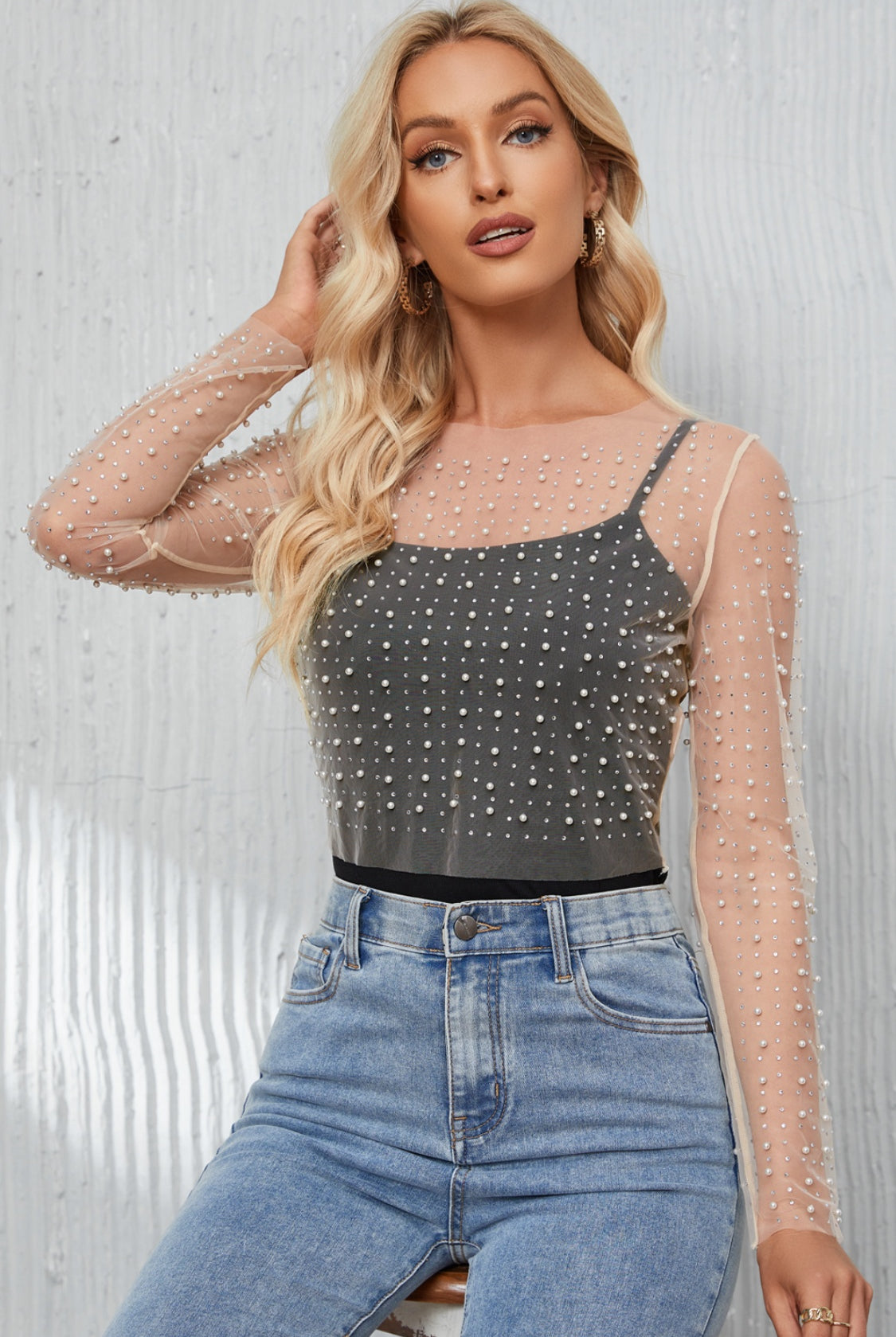 Pearl Long Sleeve Mesh Cropped Top - GemThreads Boutique Pearl Long Sleeve Mesh Cropped Top