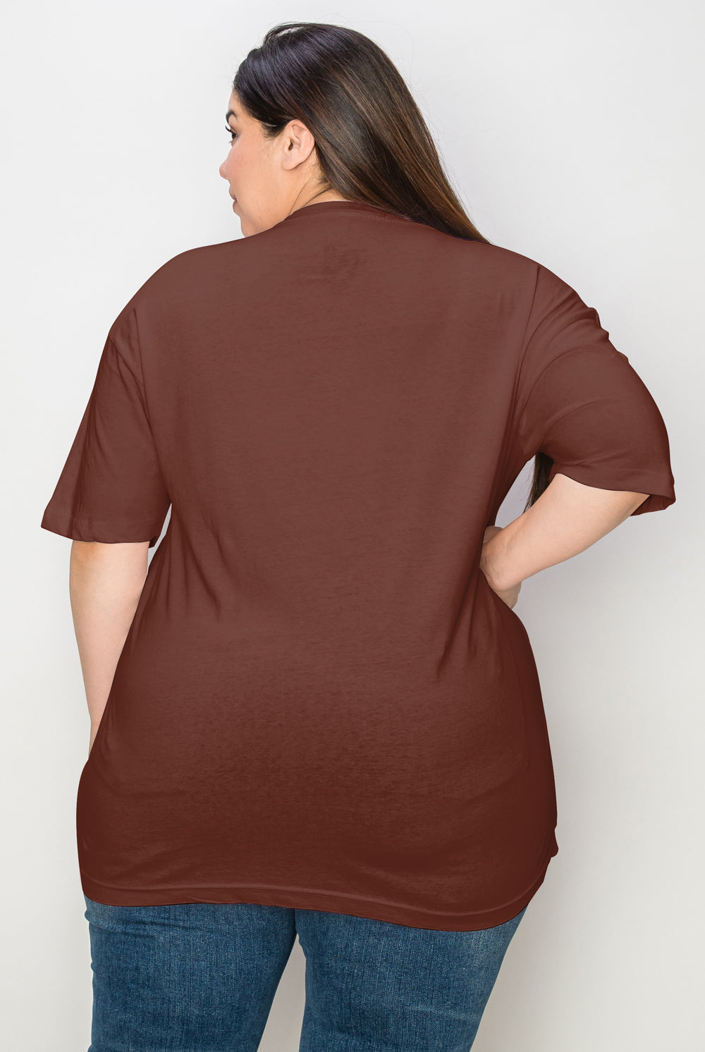 model showing the back of the full size graphic t-shirt from Gem Threads Boutique