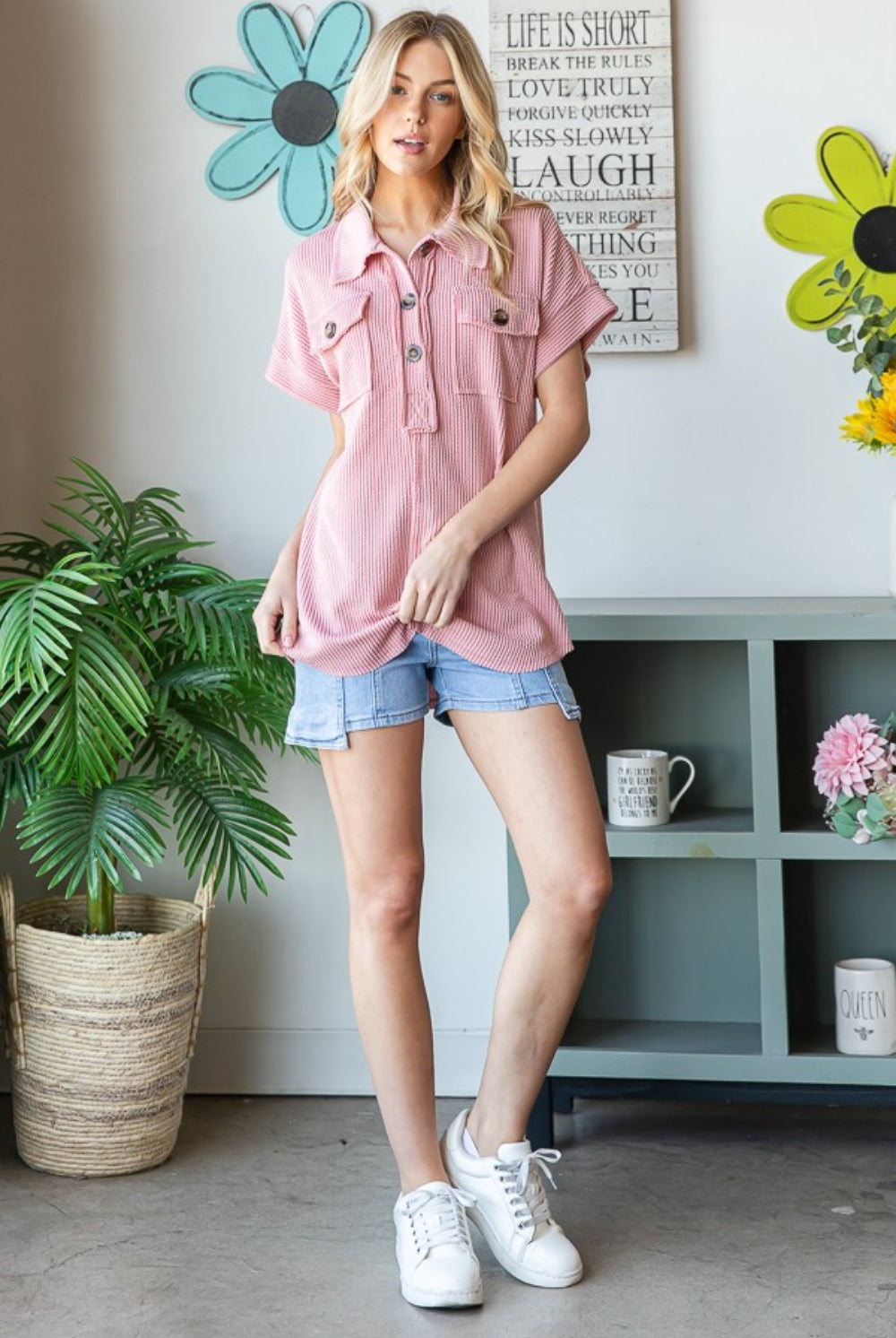 model wearing a mauve short sleeve top from Gem Threads Boutique