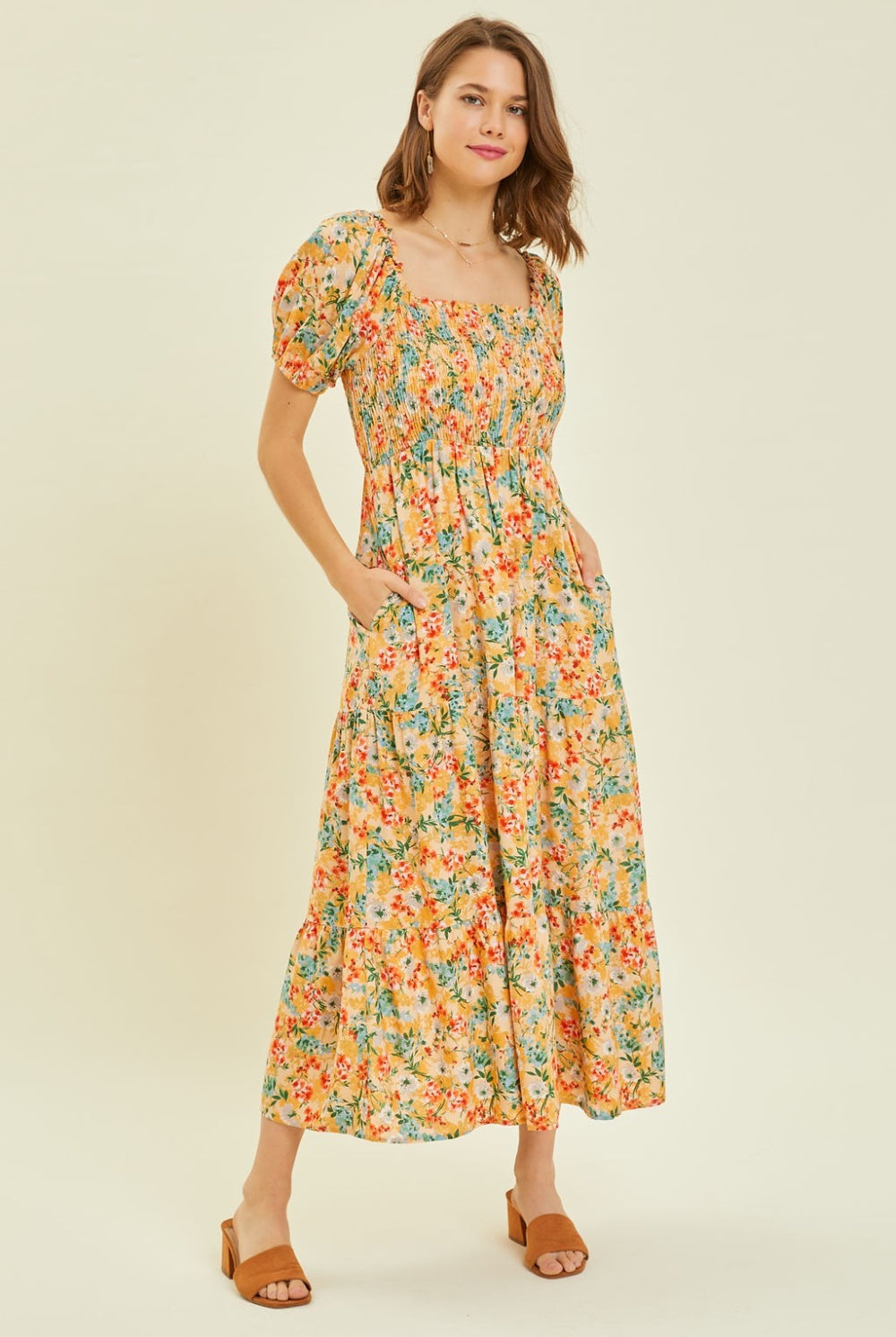 HEYSON Full Size Floral Smocked Tiered Midi Dress - GemThreads Boutique HEYSON Full Size Floral Smocked Tiered Midi Dress