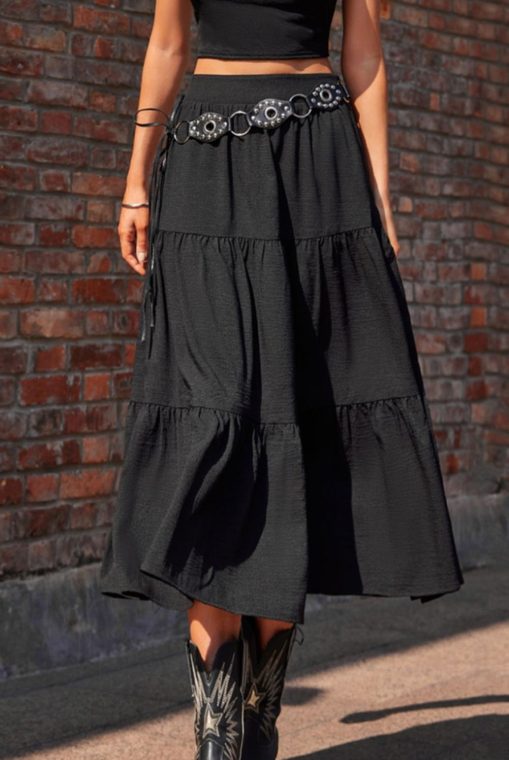 Elastic Waist Tiered Midi Skirt - GemThreads Boutique Elastic Waist Tiered Midi Skirt