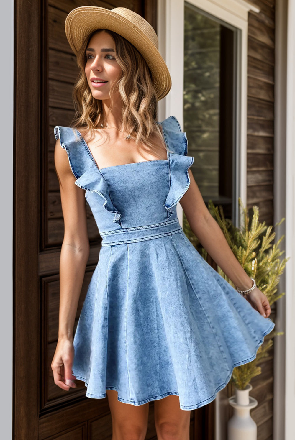 A woman stands confidently in a light blue ruffled mini dress with a square neckline, embodying a blend of casual elegance and youthful charm.