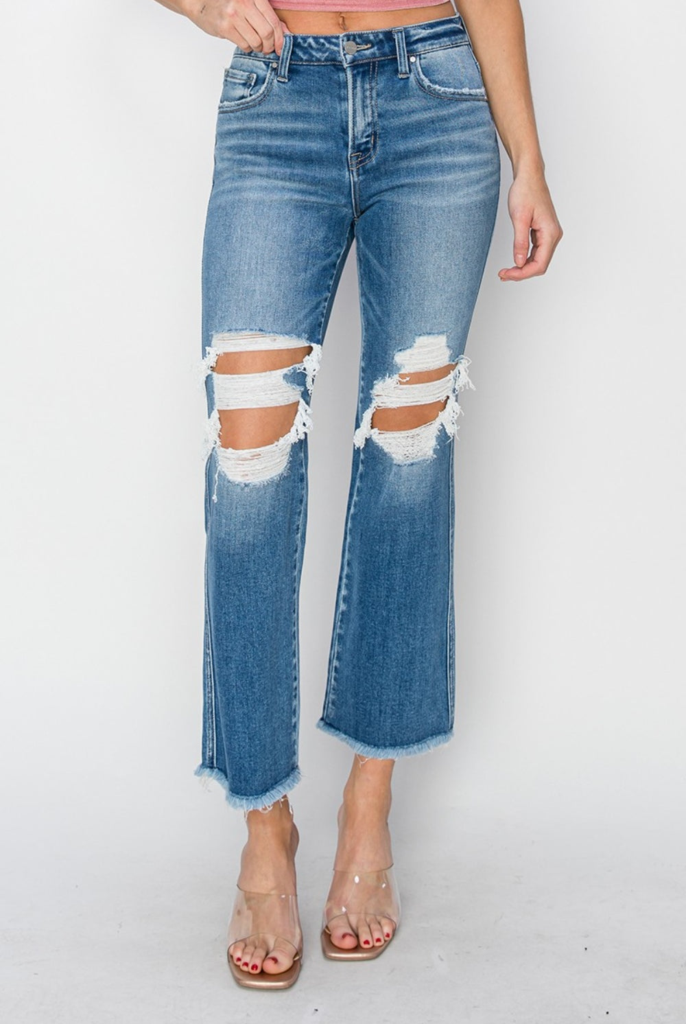 RISEN Mid Rise Distressed Cropped Flare Jeans - GemThreads Boutique RISEN Mid Rise Distressed Cropped Flare Jeans
