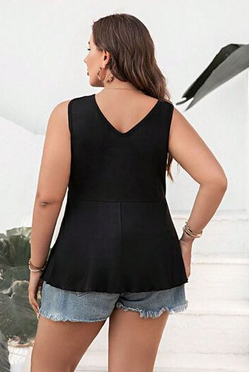 Plus size sleeveless peplum tank with a crisscross V-neck design, offering a flattering silhouette and stylish look for versatile wear.