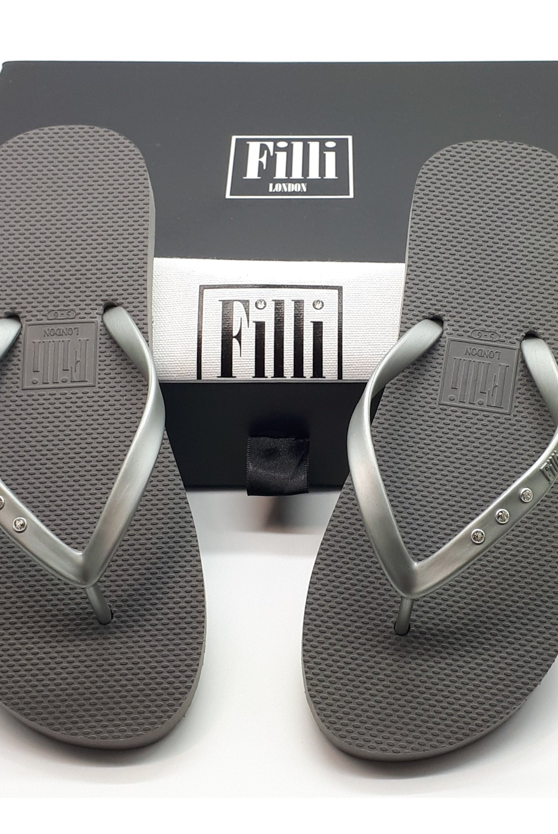 Philly Luxury Rubber Flip-Flops in grey, hand-embellished with Swarovski crystals, presented in a premium box with a travel bag.