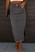 Raw Hem Slit Pocketed Midi Denim Skirt - GemThreads Boutique Raw Hem Slit Pocketed Midi Denim Skirt