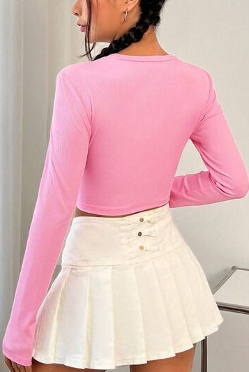 Ruched round neck long sleeve cropped t-shirt, offering a flattering and feminine silhouette.