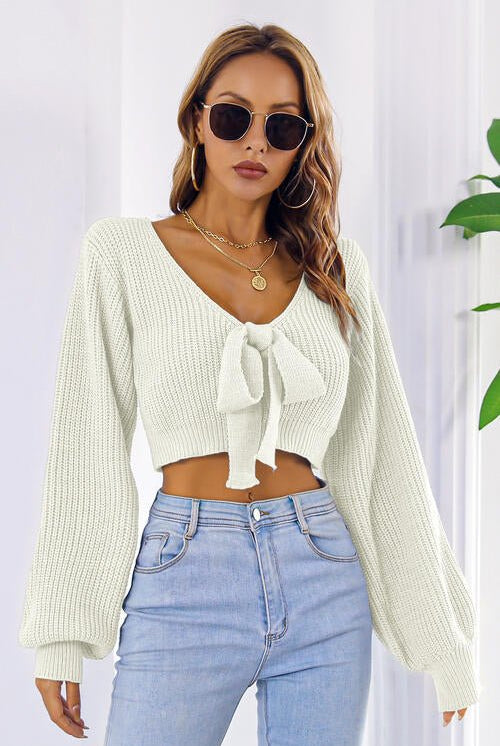 Bow V-Neck Long Sleeve Cropped Sweater - GemThreads Boutique