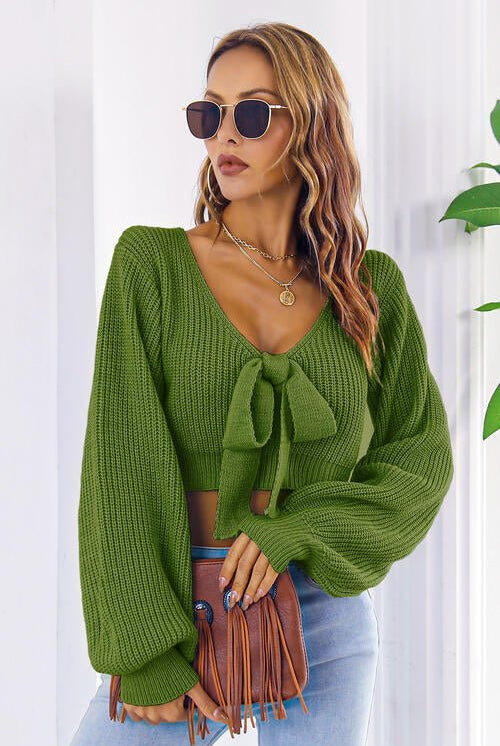 Bow V-Neck Long Sleeve Cropped Sweater - GemThreads Boutique