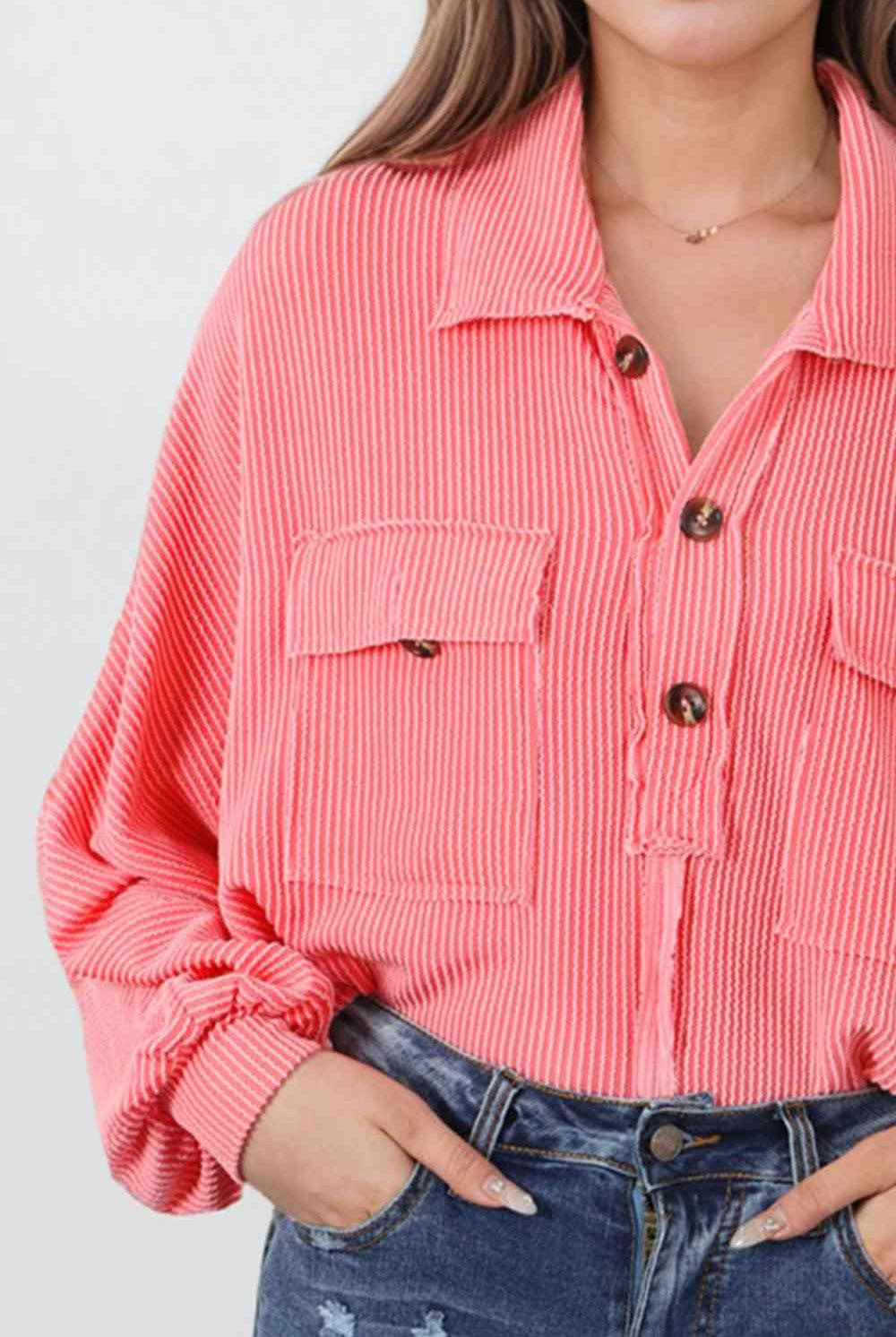 Buttoned Collared Neck Long Sleeve Top - GemThreads Boutique