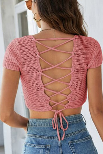 Lace-Up Openwork Square Neck Sweater - Elegant knitwear with delicate lace-up detail and square neckline from Gem Threads Boutique.