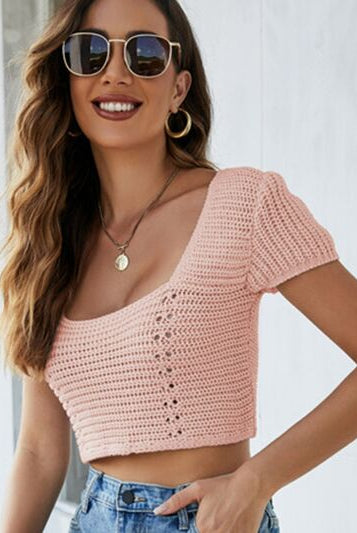Lace-Up Openwork Square Neck Sweater - Elegant knitwear with delicate lace-up detail and square neckline from Gem Threads Boutique.