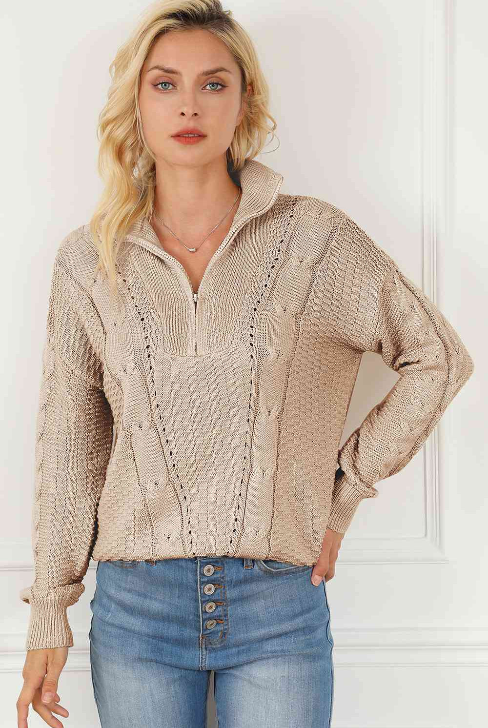 Cable-Knit Half Zip Long Sleeve Sweater - GemThreads Boutique