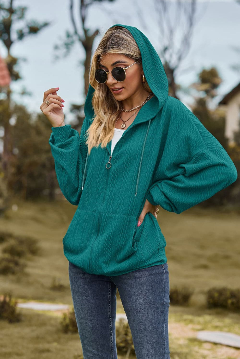 Cable-Knit Long Sleeve Hooded Jacket - GemThreads Boutique