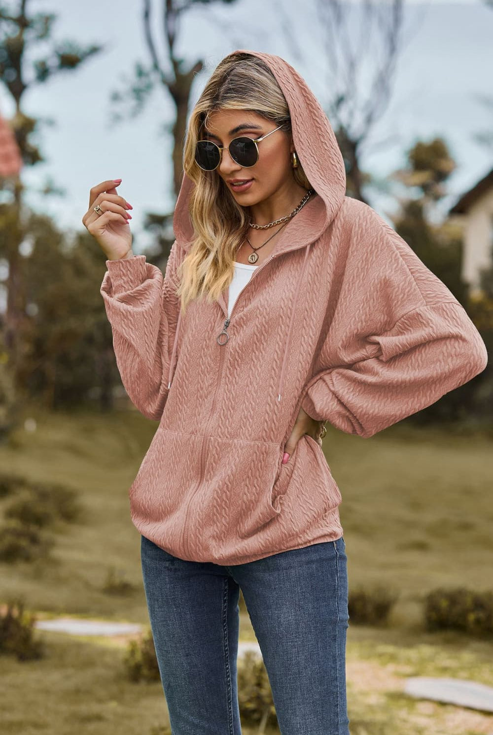 Cable-Knit Long Sleeve Hooded Jacket - GemThreads Boutique