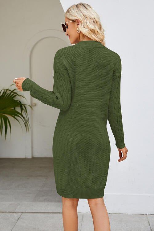 Cable-Knit Long Sleeve Sweater Dress - GemThreads Boutique