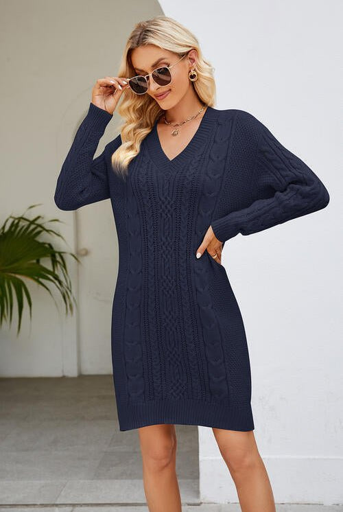 Cable-Knit Long Sleeve Sweater Dress - GemThreads Boutique