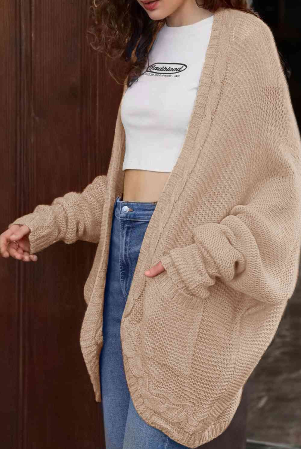 Cable-Knit Open Front Cardigan with Pockets - GemThreads Boutique