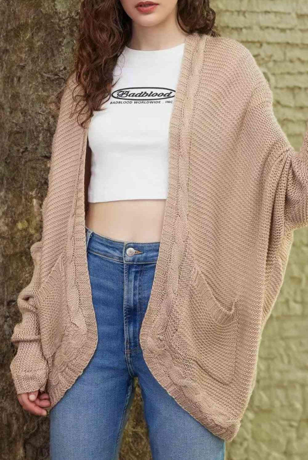 Cable-Knit Open Front Cardigan with Pockets - GemThreads Boutique
