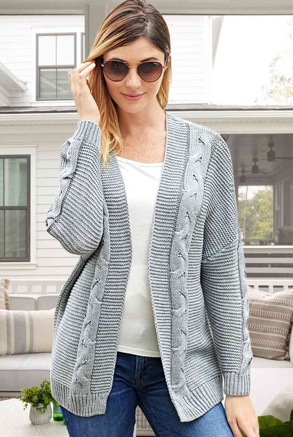 Cable-Knit Open Front Long Sleeve Cardigan - GemThreads Boutique