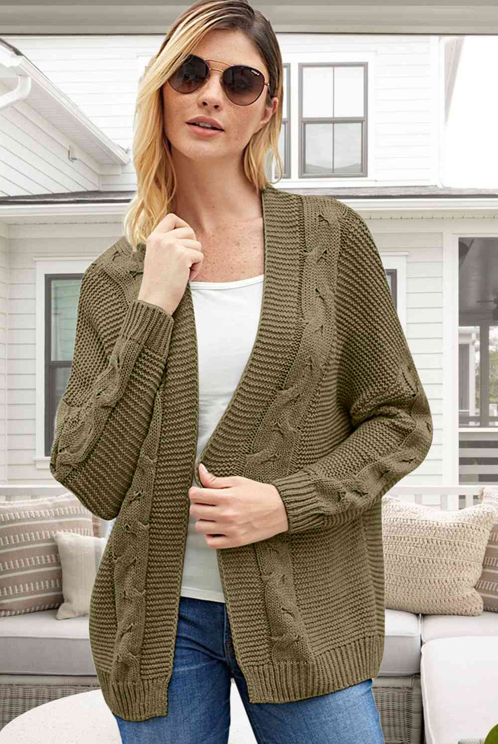 Cable-Knit Open Front Long Sleeve Cardigan - GemThreads Boutique