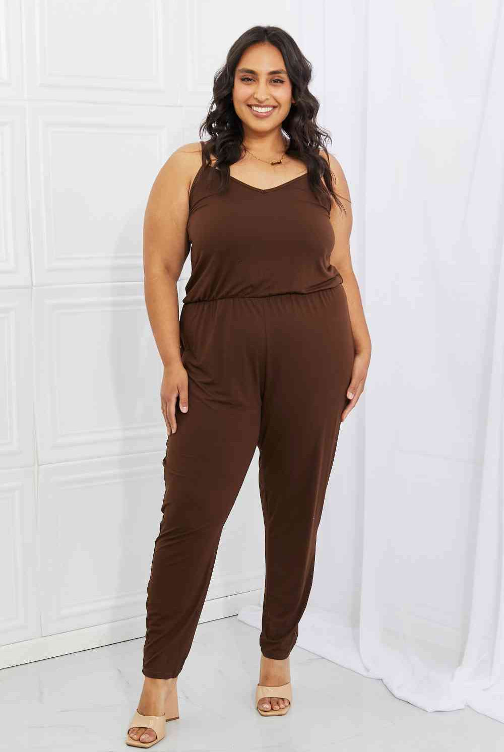 Capella Comfy Casual Full Size Solid Elastic Waistband Jumpsuit in Chocolate - GemThreads Boutique
