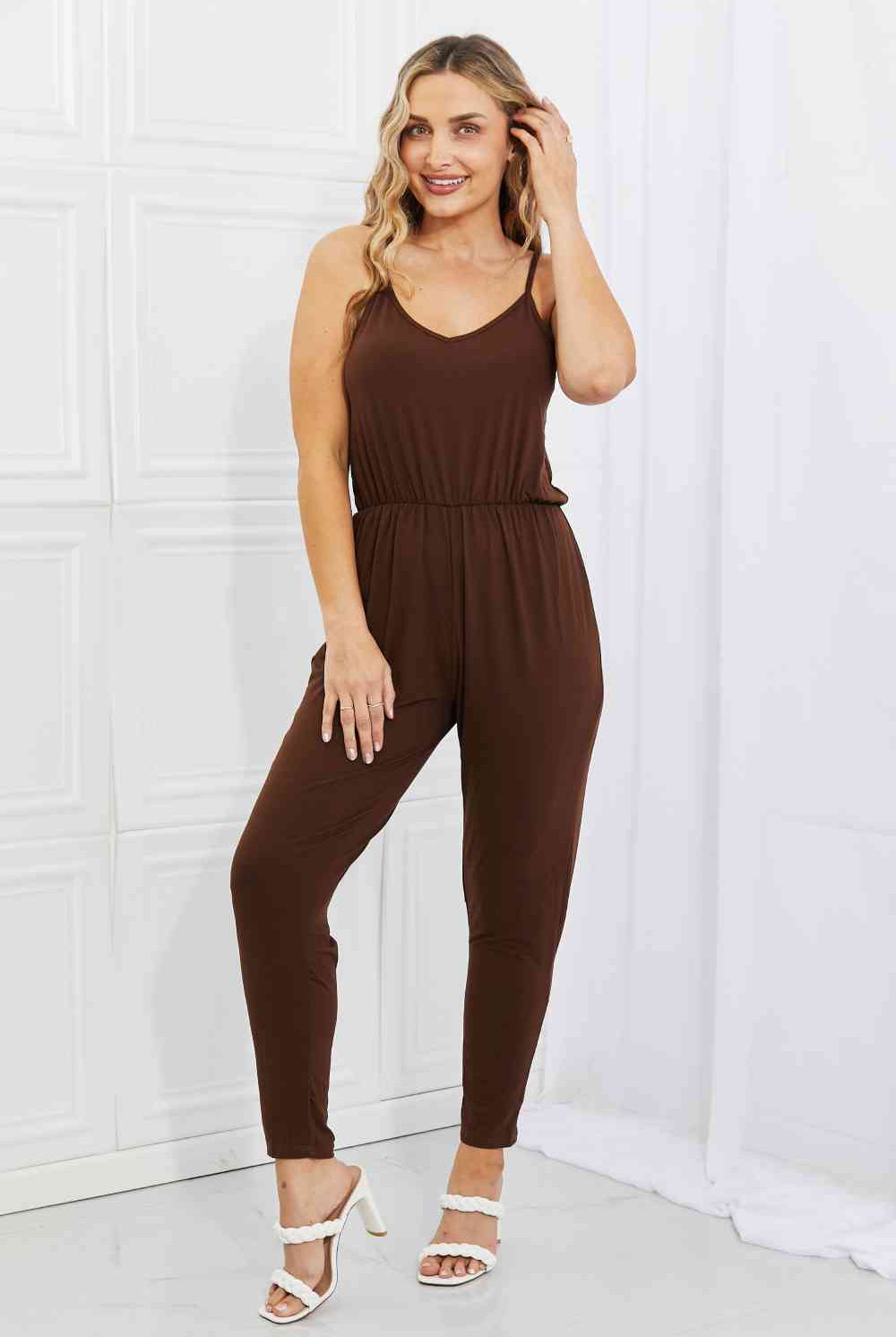 Capella Comfy Casual Full Size Solid Elastic Waistband Jumpsuit in Chocolate - GemThreads Boutique