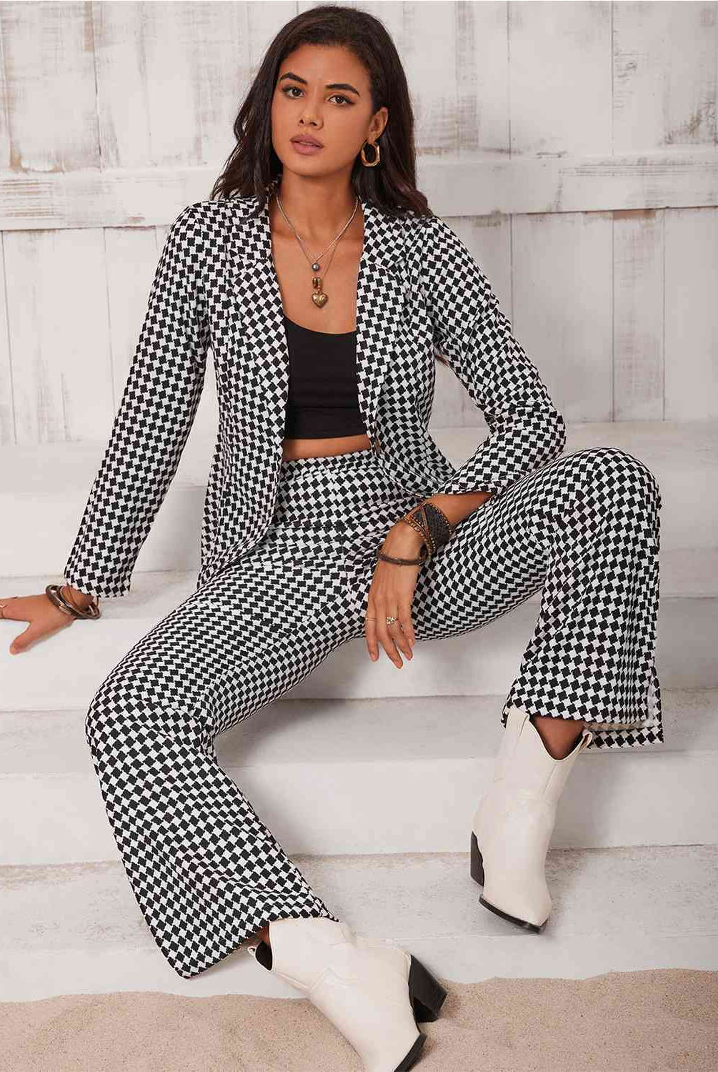 Checkered Blazer & Slit Pants Set - GemThreads Boutique