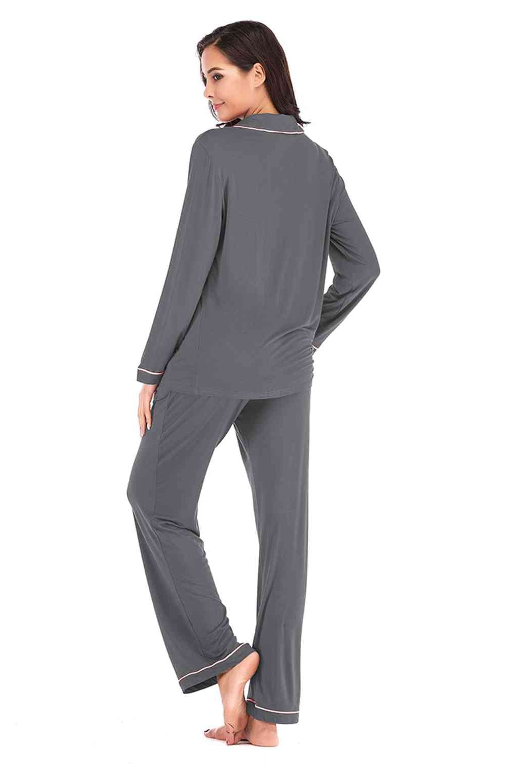 Collared Neck Long Sleeve Loungewear Set with Pockets - GemThreads Boutique