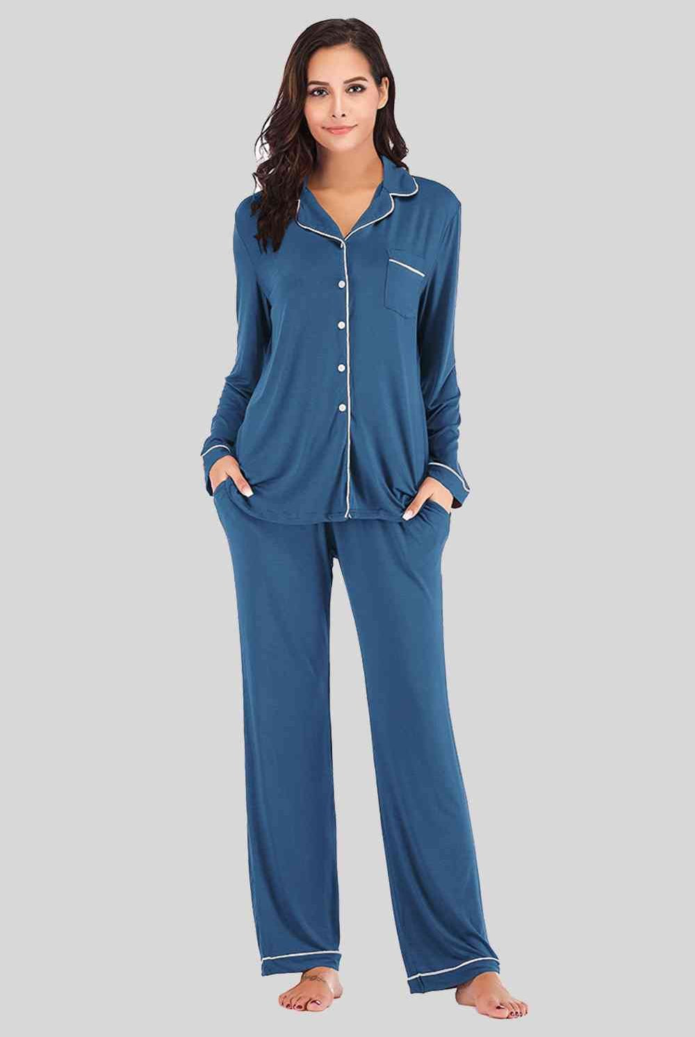 Collared Neck Long Sleeve Loungewear Set with Pockets - GemThreads Boutique