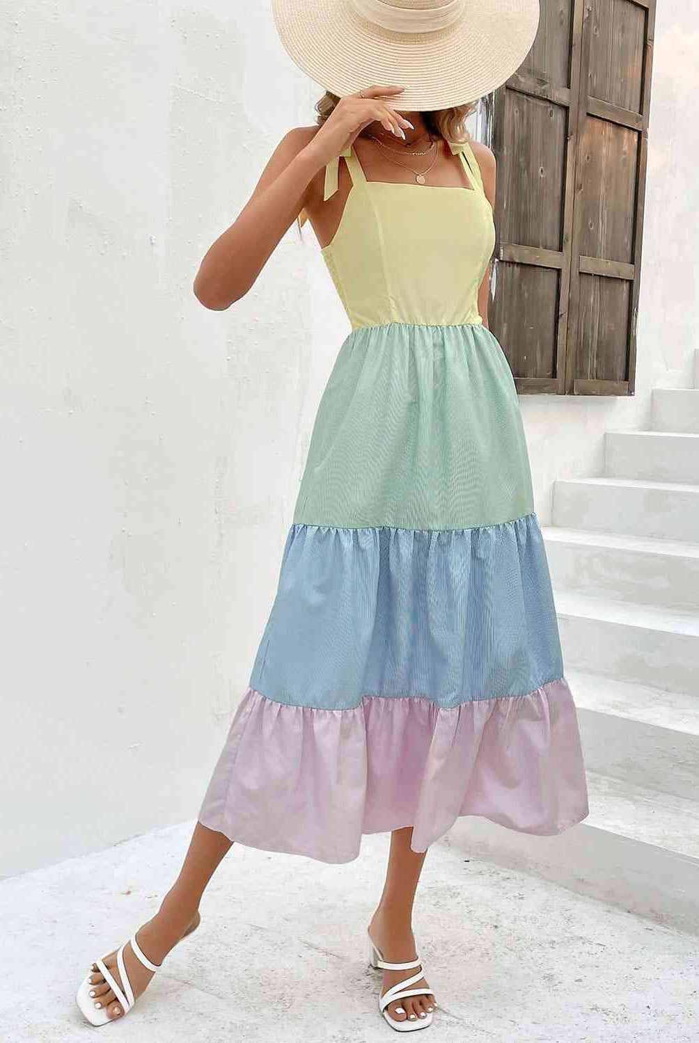 Color Block Tie-Shoulder Tiered Midi Dress - GemThreads Boutique