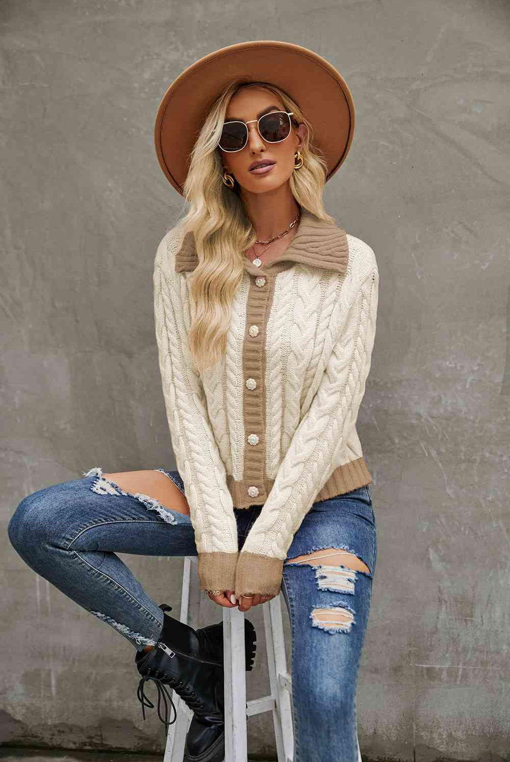 Contrast Collared Neck Cable-Knit Cardigan - GemThreads Boutique
