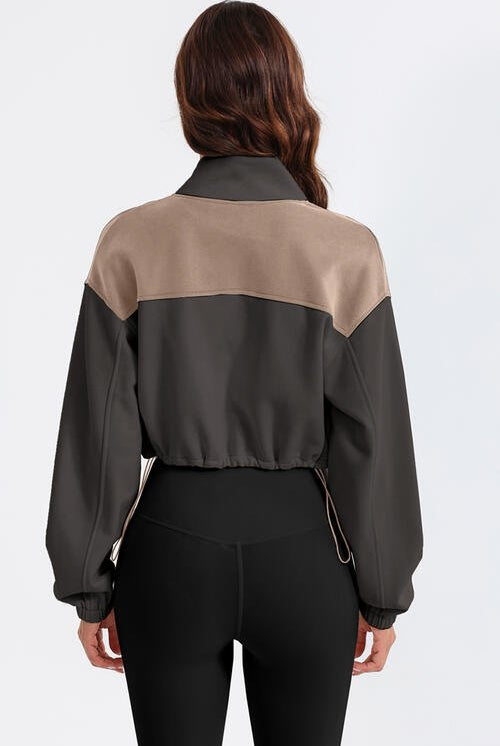 Contrast Drawstring Zip Up Jacket - GemThreads Boutique