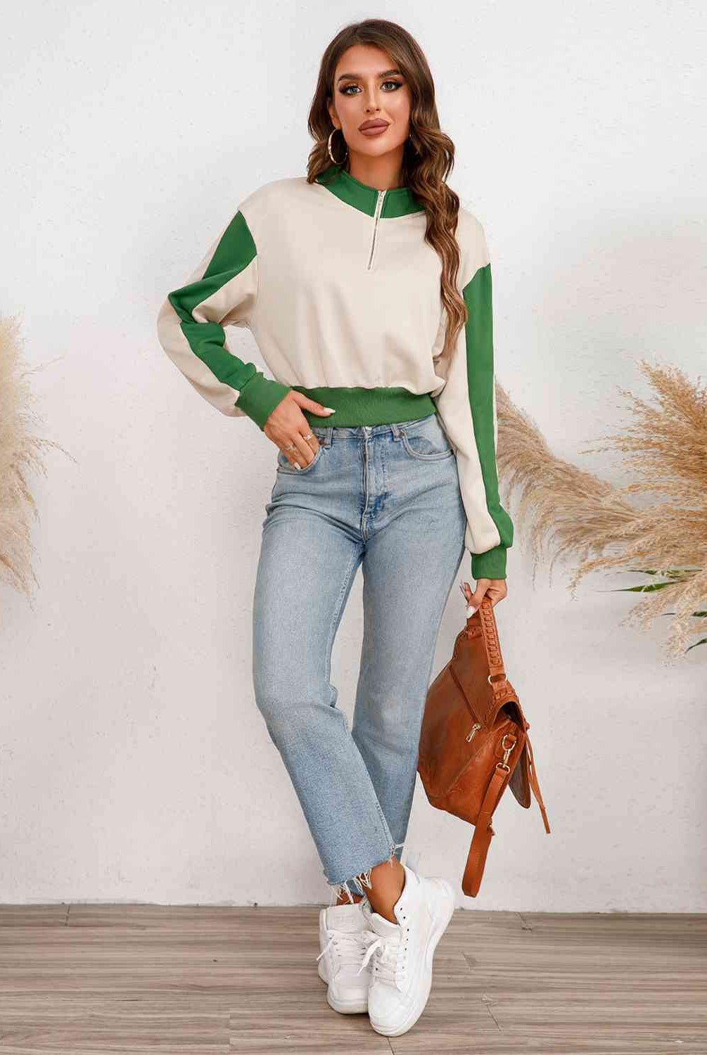 Contrast Half Zip Drop Shoulder Sweatshirt - GemThreads Boutique