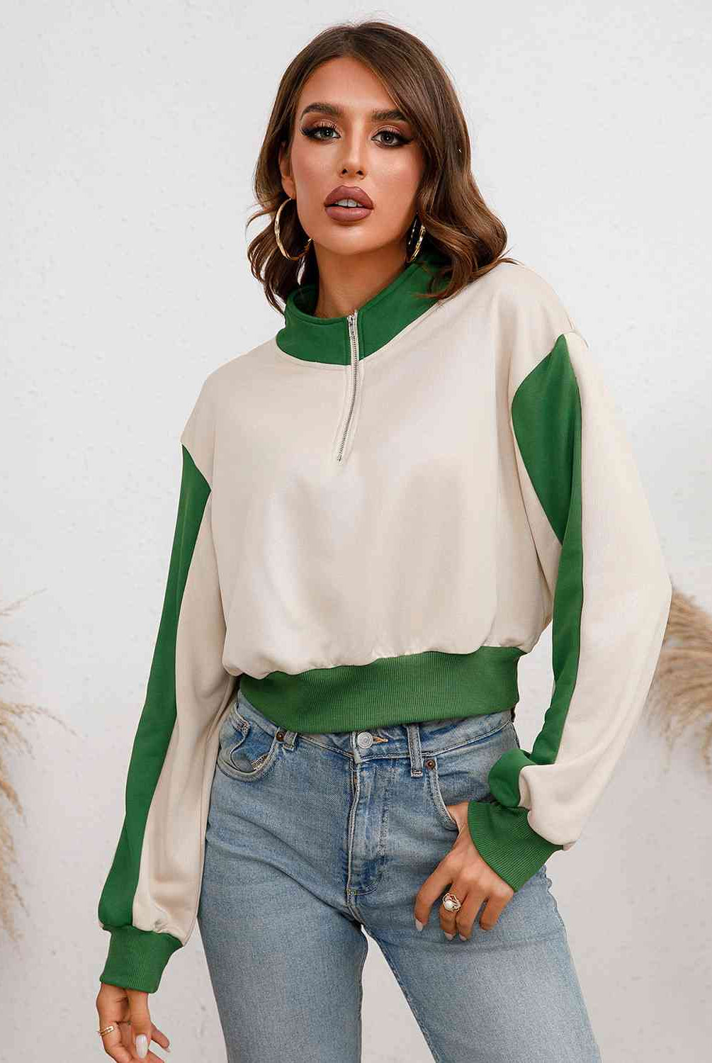 Contrast Half Zip Drop Shoulder Sweatshirt - GemThreads Boutique