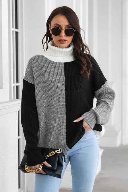 Contrast Turtleneck Long Sleeve Sweater - GemThreads Boutique