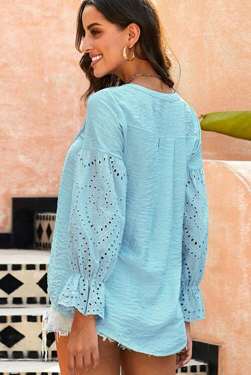 Crochet Flounce Sleeve Button Up Blouse - GemThreads Boutique