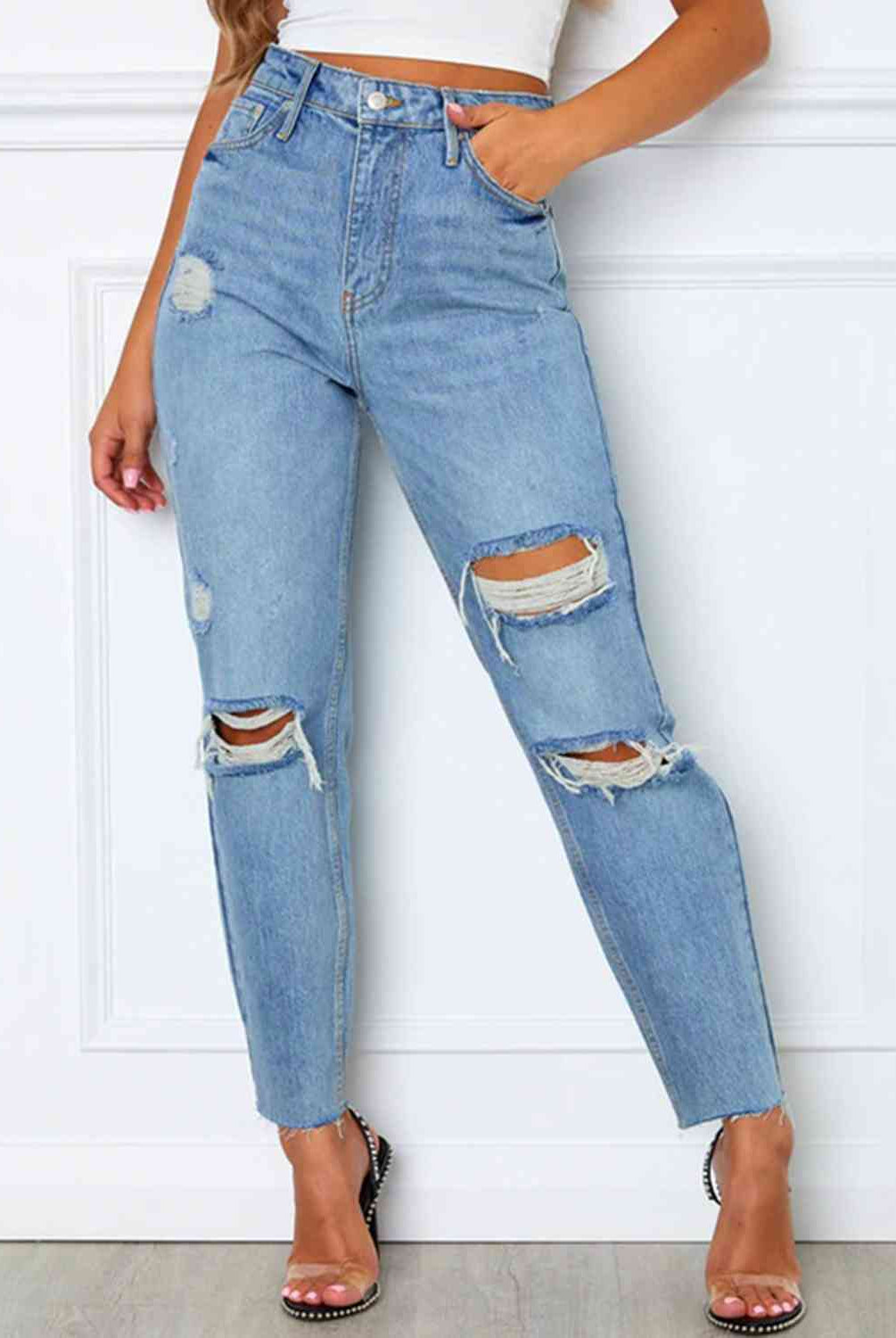 Distressed High Waist Straight Jeans - GemThreads Boutique