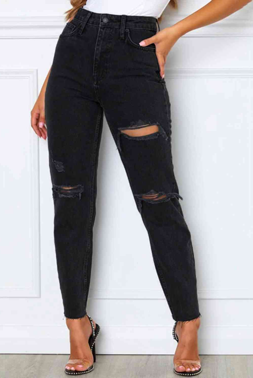 Distressed High Waist Straight Jeans - GemThreads Boutique