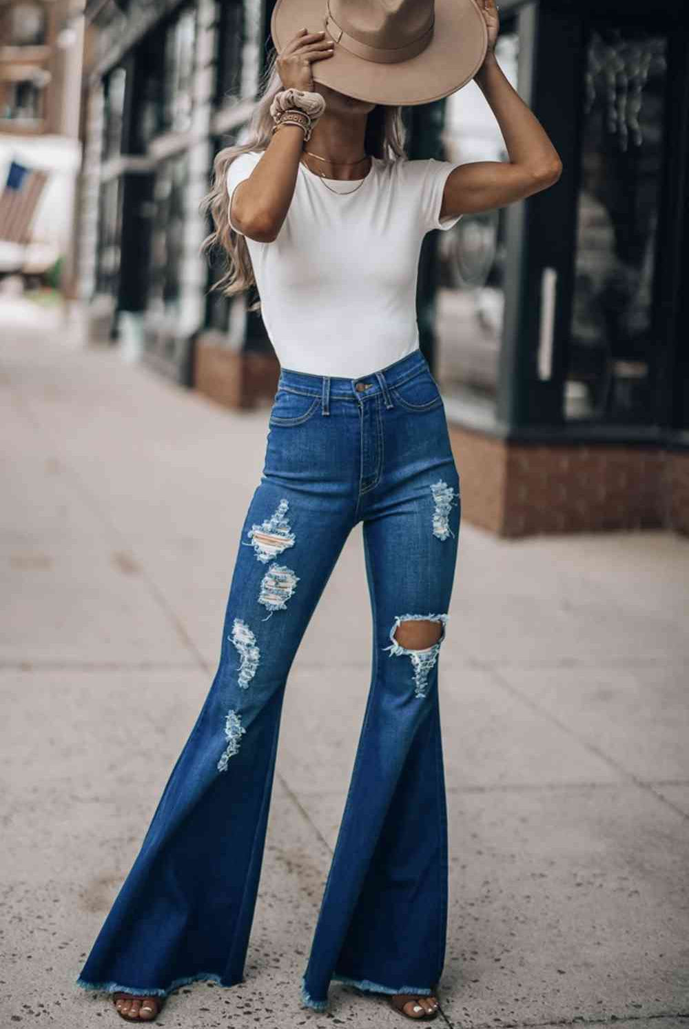 Distressed Raw Hem Flare Jeans - GemThreads Boutique