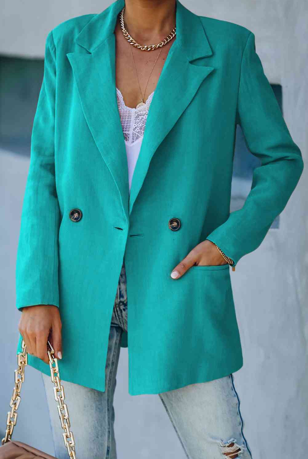 Double Take Double-Breasted Padded Shoulder Blazer with Pockets - GemThreads Boutique
