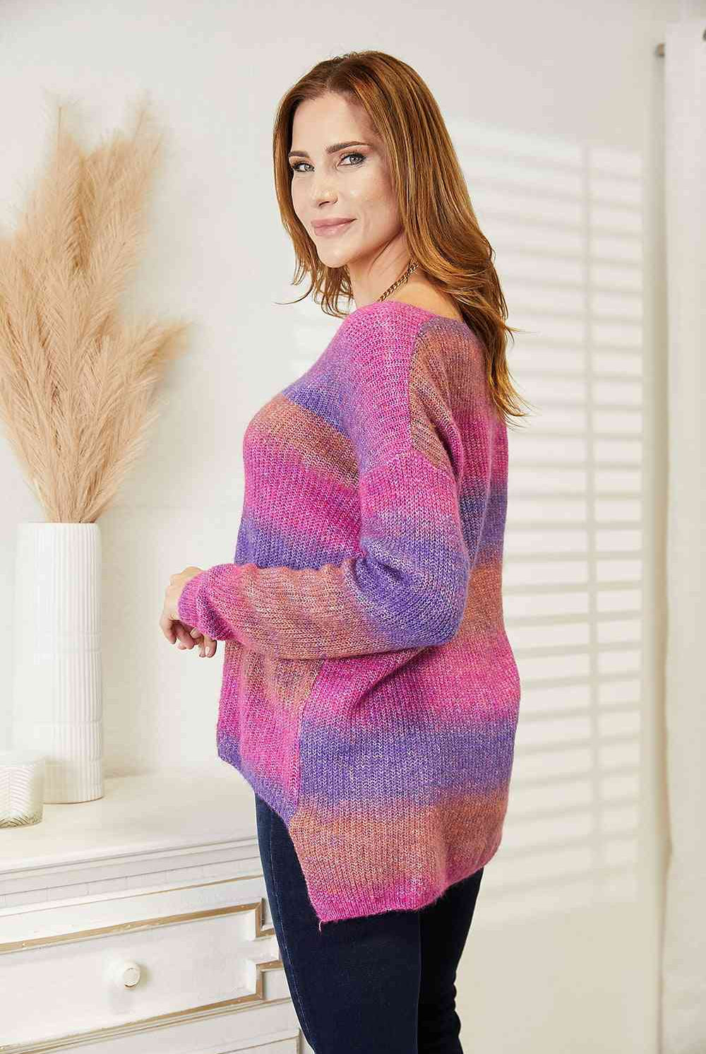 Double Take Multicolored Rib-Knit V-Neck Knit Pullover - GemThreads Boutique