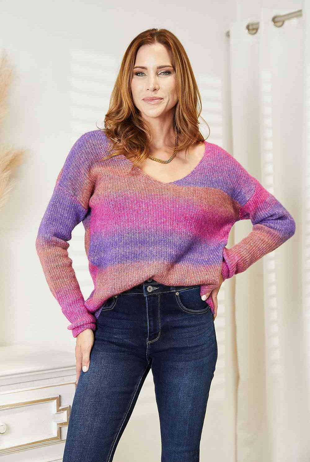 Double Take Multicolored Rib-Knit V-Neck Knit Pullover - GemThreads Boutique