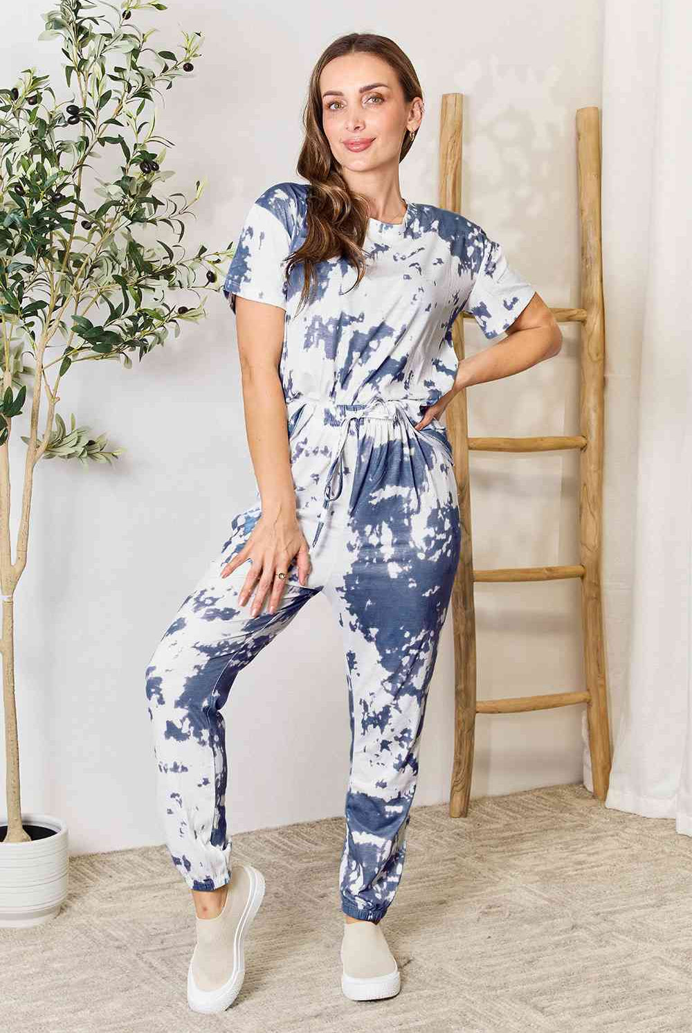 Double Take Tie-Dye Tee and Drawstring Waist Joggers Lounge Set - GemThreads Boutique