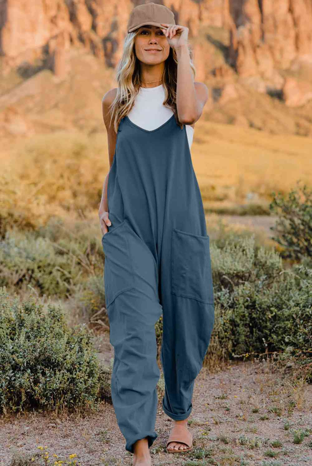Double Take V-Neck Sleeveless Jumpsuit with Pocket - GemThreads Boutique Double Take V-Neck Sleeveless Jumpsuit with Pocket