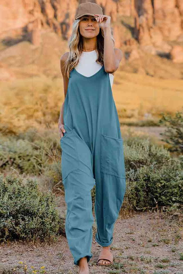 Double Take V-Neck Sleeveless Jumpsuit with Pocket - GemThreads Boutique Double Take V-Neck Sleeveless Jumpsuit with Pocket