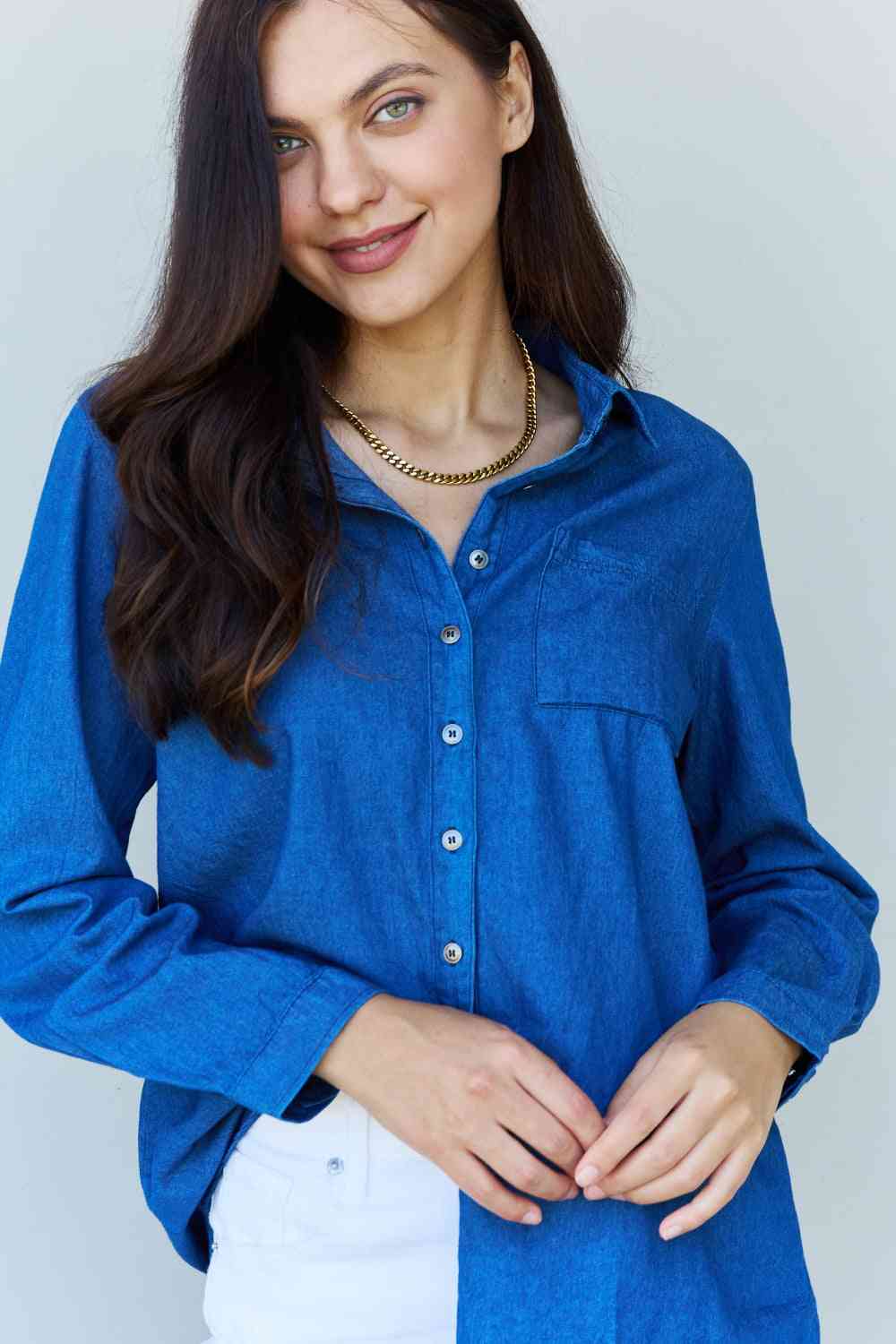 Doublju Blue Jean Baby Denim Button Down Shirt Top in Dark Blue - GemThreads Boutique